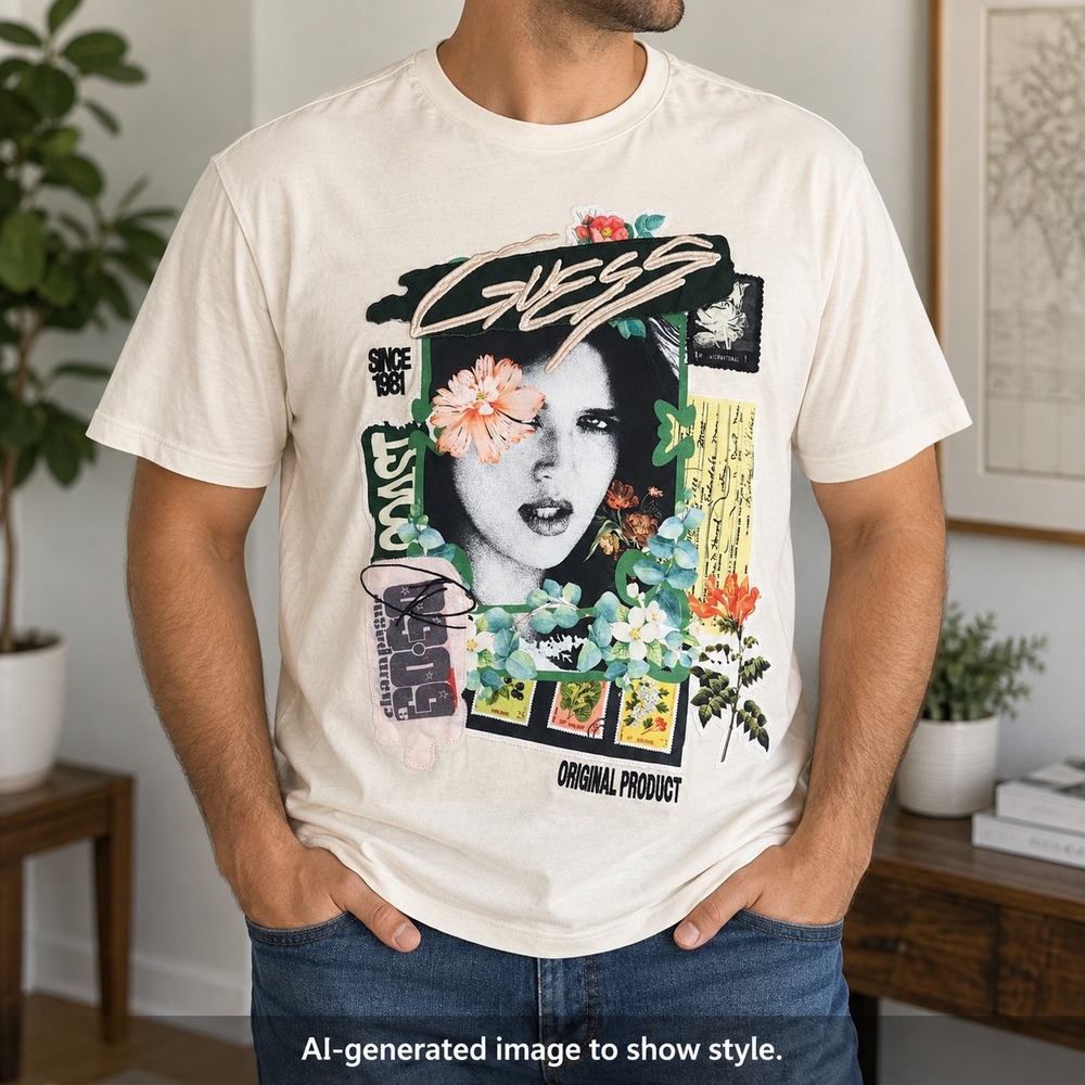 GUESS ECO Mens XXL Cream Graphic T-Shirt Slim Fit Organic Cotton Mixed Media